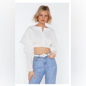 Broiderie Ruffle Shoulder Cropped Blouse